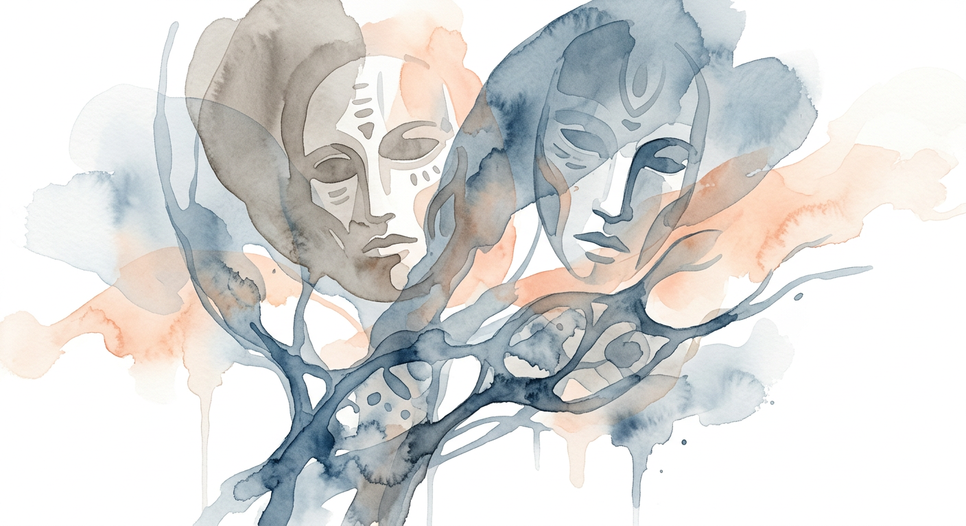 Abstrakte Masken oder organische Formen, die Evolution und nonverbale Signale andeuten