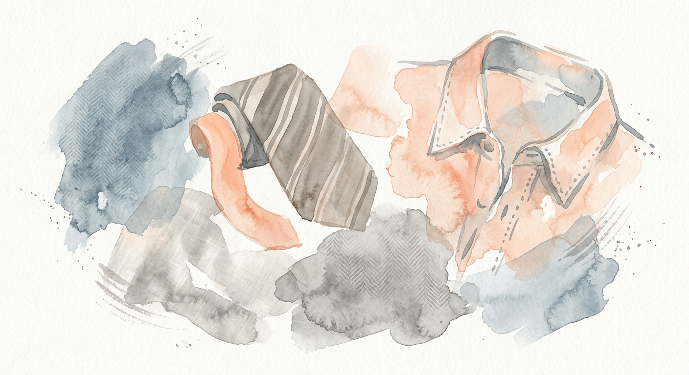 Abstrakte Collage aus Stofftexturen, Krawatte und legerem Kragen