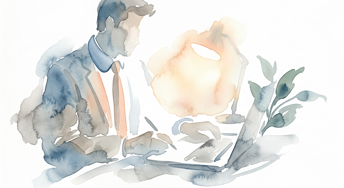 Subtile Aquarell-Illustration, die Elemente wie Kragen, Krawatte und weiches Licht andeutet